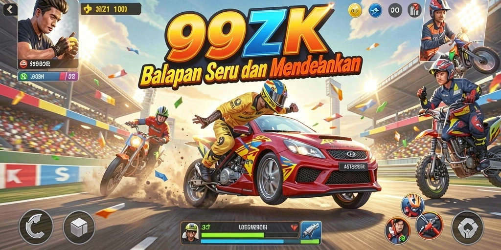 Screenshot gameplay 99ZK memperlihatkan aksi balapan yang seru dan mendebarkan.