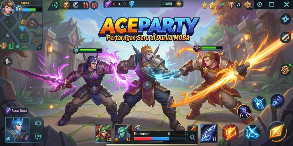 Tampilan seru dari gameplay <strong>ACEPARTY</strong> yang menampilkan pertempuran epik antar tim.
