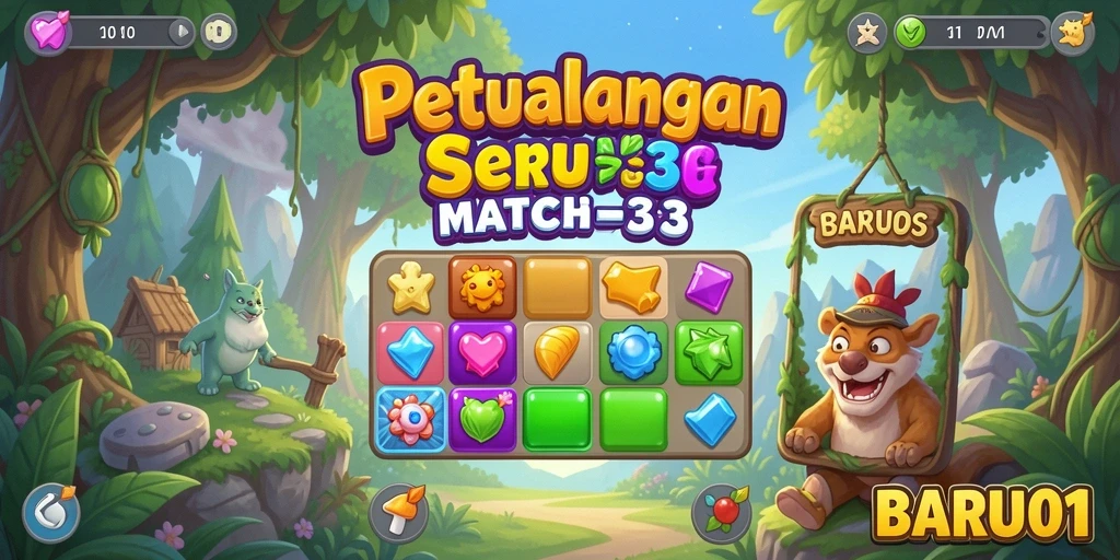 Screenshot gameplay BARU01 yang menunjukkan momen mencocokkan batu permata.
