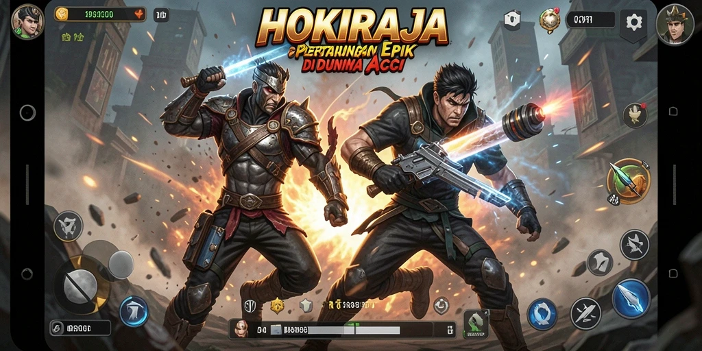 Tangkapan layar HOKIRAJA menampilkan aksi pertempuran mendebarkan.