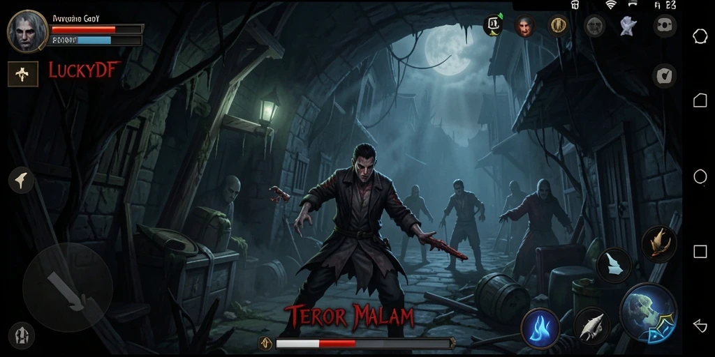 Screenshot gameplay LUCKYDF menampilkan suasana horor yang mencekam.